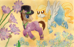 Size: 5069x3254 | Tagged: safe, artist:kelseyleah, character:derpy hooves, character:doctor whooves, character:time turner, species:pony, absurd resolution, clothing, dress, flower, forget me not (flower), male, stallion, suit, traditional art, xeranthemum