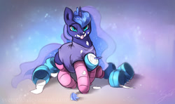 Size: 1351x800 | Tagged: safe, artist:sverre93, character:princess luna, chubby, clothing, fat, female, ice cream, princess moonpig, socks, solo, tongue out