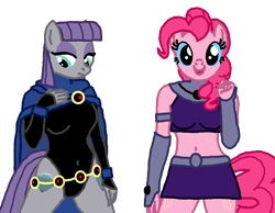 Size: 1446x1124 | Tagged: safe, artist:flyingbrickanimation, character:maud pie, character:pinkie pie, species:anthro, species:earth pony, species:pony, belly button, bra, cloak, clothing, cosplay, costume, crop top bra, crossover, cutie mark, leotard, midriff, old, raven (teen titans), skirt, starfire, teen titans, underwear