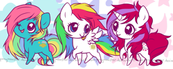 Size: 1101x439 | Tagged: safe, artist:ponymonster, character:moondancer (g1), species:earth pony, species:pegasus, species:pony, species:unicorn, g1, abstract background, female, mare, starshine, sunlight (g1)