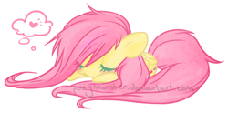 Size: 690x342 | Tagged: safe, artist:ponymonster, character:fluttershy, species:pegasus, species:pony, female, heart, mare, messy mane, simple background, sleeping, solo, white background
