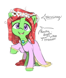 Size: 1700x2000 | Tagged: safe, artist:meotashie, character:tree hugger, episode:make new friends but keep discord, g4, my little pony: friendship is magic, clothing, cute, dialogue, dress, female, floral head wreath, flower, gala dress, huggerbetes, jewelry, necklace, raised leg, solo