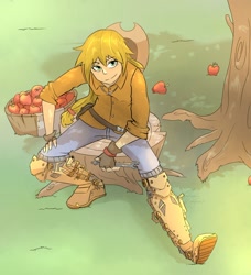 Size: 1250x1371 | Tagged: safe, artist:stupidyou3, character:applejack, female, humanized, looking up, perspective, sitting, solo, steampunk, steampunk is magic