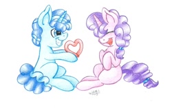 Size: 1024x643 | Tagged: safe, artist:cyanyeh, character:party favor, character:sugar belle, ship:partybelle, balloon, female, heart, male, shipping, sitting, straight, traditional art