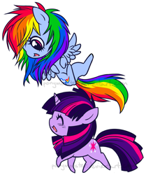 Size: 905x1084 | Tagged: safe, artist:ponymonster, character:rainbow dash, character:twilight sparkle, species:pegasus, species:pony, species:unicorn, chibi, duo, simple background