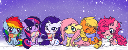 Size: 1560x609 | Tagged: safe, artist:ponymonster, character:applejack, character:fluttershy, character:pinkie pie, character:rainbow dash, character:rarity, character:twilight sparkle, species:earth pony, species:pegasus, species:pony, species:unicorn, chibi, clothing, female, mane six, mare, scarf, sitting, snow, snowfall