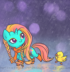 Size: 630x649 | Tagged: safe, artist:ponymonster, character:dewdrop dazzle, species:duck, species:pony, species:unicorn, boots, clothing, female, mare, rain, scarf, solo