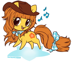 Size: 717x617 | Tagged: safe, artist:ponymonster, oc, oc only, oc:butterscotch patch, species:earth pony, species:pony, bow, clothing, female, hat, mare, music notes, open mouth, scarf, simple background, singing, smiling, solo, tail bow, white background