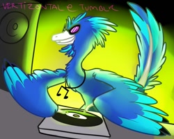 Size: 758x609 | Tagged: safe, artist:vertizontal, character:dj pon-3, character:vinyl scratch, archaeopteryx, dark background, dinosaur, feathered dinosaur, female, jewelry, necklace, solo, species swap, sunglasses