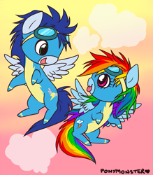 Size: 763x870 | Tagged: safe, artist:ponymonster, character:rainbow dash, character:soarin', species:pegasus, species:pony, ship:soarindash, female, flying, goggles, male, mare, shipping, stallion, straight, tongue out, wonderbolts uniform