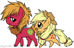Size: 771x507 | Tagged: safe, artist:ponymonster, character:applejack, character:big mcintosh, species:earth pony, species:pony, chibi, duo, female, male, mare, simple background, stallion, white background