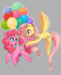 Size: 1748x2133 | Tagged: safe, artist:twitchykismet, character:fluttershy, character:pinkie pie, species:earth pony, species:pegasus, species:pony, balloon, balloon animal, cute, female, flying, happy, mare, suspended, then watch her balloons lift her up to the sky