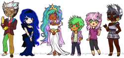 Size: 1263x593 | Tagged: safe, artist:ponymonster, character:cheerilee, character:discord, character:princess celestia, character:princess luna, character:spike, character:zecora, species:human, alternate hairstyle, chibi, dark skin, female, humanized, male, simple background, white background