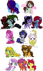 Size: 1658x2722 | Tagged: safe, artist:ponymonster, character:apple bloom, character:berry punch, character:berryshine, character:scootaloo, character:surprise, character:sweetie belle, oc, species:bat, species:earth pony, species:pegasus, species:pony, species:unicorn, g1, chibi, clothing, cutie mark crusaders, female, filly, flying, g1 to g4, generation leap, glasses, hat, mushroom, simple background, white background