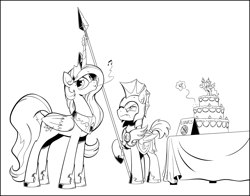 Size: 2100x1650 | Tagged: safe, artist:php104, character:princess celestia, character:princess luna, oc, oc:au hasard, species:bat pony, species:pony, armor, cake, canterlot castle, cherry, figure, frown, guard, magic, monochrome, night guard, nonchalant, spear, stealing, telekinesis, weapon, whistling, wip