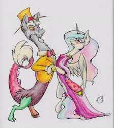 Size: 2334x2605 | Tagged: safe, artist:nekotigerfire, character:discord, character:princess celestia, ship:dislestia, episode:make new friends but keep discord, g4, my little pony: friendship is magic, clothing, dancing, dress, female, gala dress, male, shipping, straight, traditional art