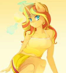 Size: 3600x4000 | Tagged: safe, artist:thenornonthego, character:sunset shimmer, species:anthro, species:unicorn, g4, my little pony:equestria girls, absurd resolution, alcohol, beautiful, champagne, clothing, cute, female, fluffy, glowing horn, gradient background, grin, looking at you, magic, magic aura, mare, midriff, off shoulder, pretty, simple background, sitting, skirt, smiling, solo, telekinesis, wine