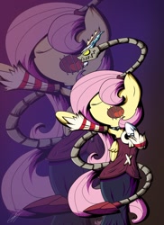 Size: 1024x1404 | Tagged: safe, artist:therandomjoyrider, character:discord, character:fluttershy, clothing, crossover, leviathan, skullgirls, squigly