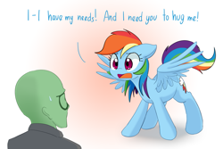 Size: 1275x850 | Tagged: safe, artist:adequality, artist:mcsadat, character:rainbow dash, oc, oc:anon, species:human, species:pegasus, species:pony, bronybait, cute, dashabetes, demands, dialogue, female, floppy ears, hug, hug request, human male, male, mare, needy, open mouth, spread wings, sweat, sweatdrop, wings