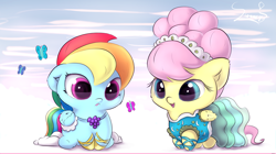 Size: 5685x3190 | Tagged: safe, artist:sverre93, character:fluttershy, character:rainbow dash, species:pegasus, species:pony, absurd resolution, butterfly, cheek fluff, chibi, clothing, cloud, colored pupils, cute, dashabetes, dawwww, dress, ear fluff, featured on derpibooru, female, floppy ears, fluffy, frown, gala dress, hnnng, lipstick, looking at something, mare, modelshy, open mouth, shyabetes, sitting, smiling, sverre is trying to murder us, underhoof, weapons-grade cute, wing fluff