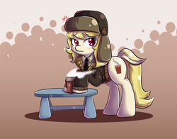 Size: 1400x1100 | Tagged: safe, artist:tikrs007, character:march gustysnows, species:pony, episode:princess spike, g4, my little pony: friendship is magic, blushing, clothing, coffee, female, mare, solo, table