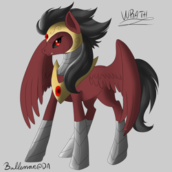 Size: 2000x2000 | Tagged: safe, artist:dreamyartcosplay, species:pegasus, species:pony, angry, angry grin, armor, black sclera, chestplate, furious, gray background, male, ponified, red eyes, signature, simple background, sin of wrath, solo, spread wings, stallion, wings
