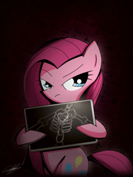 Size: 1440x1913 | Tagged: safe, artist:therandomjoyrider, character:pinkamena diane pie, character:pinkie pie, species:earth pony, species:pony, bipedal, female, heart, heart (organ), mare, skeleton, solo, x-ray