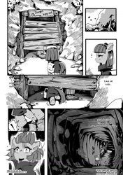 Size: 1040x1477 | Tagged: safe, artist:sung and ama, character:maud pie, comic:the friendship necklace, bag, clothing, comic, dialogue, ear fluff, falling, female, mine, monochrome, shadow, solo, translation, tree