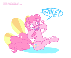 Size: 788x641 | Tagged: safe, artist:kelsea-chan, character:pinkie pie, species:earth pony, species:pony, abstract background, female, looking at you, mare, sitting, smiling, solo