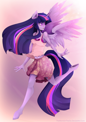 Size: 3000x4240 | Tagged: safe, artist:thenornonthego, character:twilight sparkle, character:twilight sparkle (alicorn), species:alicorn, species:pony, belly button, bra, clothing, female, floral print, human facial structure, looking back, mare, midriff, pink underwear, skirt, solo, tail, tank top, underhoof, underwear, wings