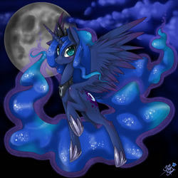 Size: 1500x1500 | Tagged: safe, artist:starlightspark, character:princess luna, species:alicorn, species:pony, g4, female, flying, full moon, happy, hoof shoes, looking at you, mare, moon, paint tool sai, smiling, solo, spread wings, wings