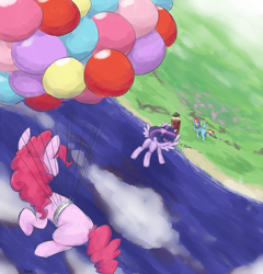Size: 1804x1880 | Tagged: safe, artist:yeendip, character:pinkie pie, character:rainbow dash, character:twilight sparkle, character:twilight sparkle (alicorn), species:alicorn, species:pony, balloon, female, flying, lighthouse, mare, suspended, then watch her balloons lift her up to the sky, vertigo, water