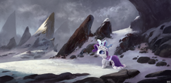 Size: 2276x1100 | Tagged: safe, artist:ajvl, character:rarity, species:pony, species:unicorn, g4, cape, clothing, crown, female, jewelry, mare, open mouth, princess platinum, profile, raised hoof, regalia, scenery, scenery porn, snow, solo