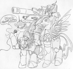 Size: 954x900 | Tagged: safe, artist:negativefade, character:philomena, character:princess celestia, character:princess luna, armor, baneblade, crossover, indrick boreale, microphone, monochrome, power armor, space marine, stereo, sunglasses, tank (vehicle), traditional art, warhammer (game), warhammer 40k