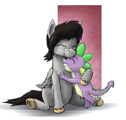Size: 690x660 | Tagged: safe, artist:paper-pony, character:spike, oc, oc:mortimer hooves, species:dragon, species:pegasus, species:pony, abstract background, eyes closed, glasses, hug, male, sitting, smiling, stallion, unshorn fetlocks