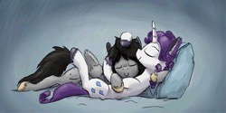 Size: 885x441 | Tagged: safe, artist:paper-pony, character:rarity, oc, oc:mortimer hooves, species:pegasus, species:pony, species:unicorn, cuddling, elusive, gay, hug, male, on back, rule 63, shipping, smiling, snuggling, stallion