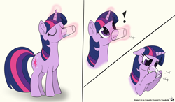 Size: 4800x2800 | Tagged: safe, artist:graboiidz, artist:wodahseht, character:twilight sparkle, species:pony, species:unicorn, comic, cup, exclamation point, eyes closed, female, glass, hoof hold, horse problems, levitation, magic, mare, open mouth, sad, solo, stuck, telekinesis