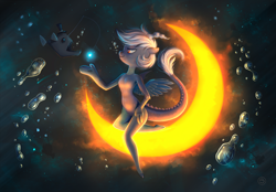 Size: 2300x1604 | Tagged: safe, artist:stasysolitude, character:discord, oc:eris, species:anthro, species:unguligrade anthro, angler fish, color porn, moon, rule 63, wallpaper, water
