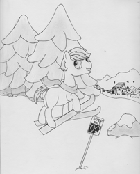 Size: 1280x1587 | Tagged: safe, artist:r0cketsquid, character:double diamond, species:earth pony, species:pony, clothing, looking back, monochrome, mountain, mountain range, scarf, skis, snow, traditional art