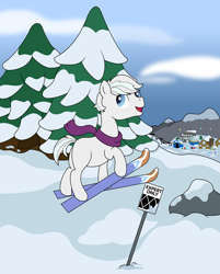 Size: 1280x1590 | Tagged: safe, artist:r0cketsquid, character:double diamond, clothing, looking back, male, missing cutie mark, mountain, mountain range, pun, scarf, skis, snow, solo, vector