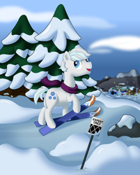 Size: 1280x1590 | Tagged: safe, artist:r0cketsquid, character:double diamond, species:earth pony, species:pony, clothing, looking back, mountain, mountain range, scarf, skis, snow