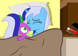 Size: 2085x1494 | Tagged: safe, artist:dashiesparkle edit, artist:sulyo, edit, character:minuette, character:spike, bed, bedroom, eyes closed, hundreds of users filter this tag, kissing, love, shipping, spigate, toothbrush, toothpaste, vector edit