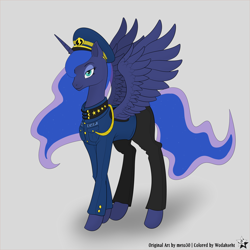 Size: 4500x4500 | Tagged: safe, artist:wodahseht, character:princess luna, absurd resolution, bedroom eyes, clothing, female, looking at you, pants, smiling, solo, spread wings, uniform, wings
