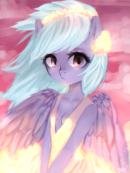 Size: 1200x1600 | Tagged: safe, artist:marinakirby, character:cloudchaser, species:anthro, absolute cleavage, blushing, breasts, cleavage, clothing, cloud, cutechaser, dress, female, sideboob, solo, windswept mane