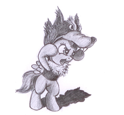 Size: 727x678 | Tagged: safe, artist:cannibalus, character:scootaloo, species:pegasus, species:pony, species:wolf, bipedal, black and white, clothing, costume, female, grayscale, scootawolf, solo, wolf costume