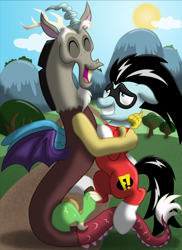 Size: 1024x1410 | Tagged: safe, artist:inkrose98, character:discord, crossover, freakazoid, hug, ponified
