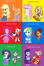Size: 2000x3000 | Tagged: safe, artist:mewtwo-ex, character:applejack, character:fluttershy, character:pinkie pie, character:rainbow dash, character:rarity, character:twilight sparkle, character:twilight sparkle (alicorn), species:alicorn, my little pony:equestria girls, amy rose, blaze the cat, bunnie rabbot, cream the rabbit, crossover, humane six, mane six, rouge the bat, sonic the hedgehog (series)