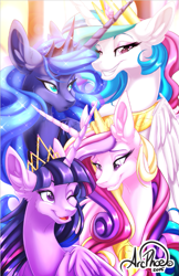 Size: 601x929 | Tagged: safe, artist:arcadianphoenix, character:princess cadance, character:princess celestia, character:princess luna, character:twilight sparkle, character:twilight sparkle (alicorn), species:alicorn, species:pony, alicorn tetrarchy, ear fluff, female, grin, mare, smiling, wink