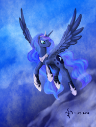 Size: 600x800 | Tagged: safe, artist:dalagar, character:princess luna, species:alicorn, species:pony, female, flying, mare, solo