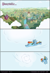 Size: 1000x1450 | Tagged: safe, artist:pinkanon, character:rainbow dash, species:pegasus, species:pony, comic:cupcakes the comic, fanfic:cupcakes, comic, female, flying, grimdark series, grotesque series, mare, ponyville, solo